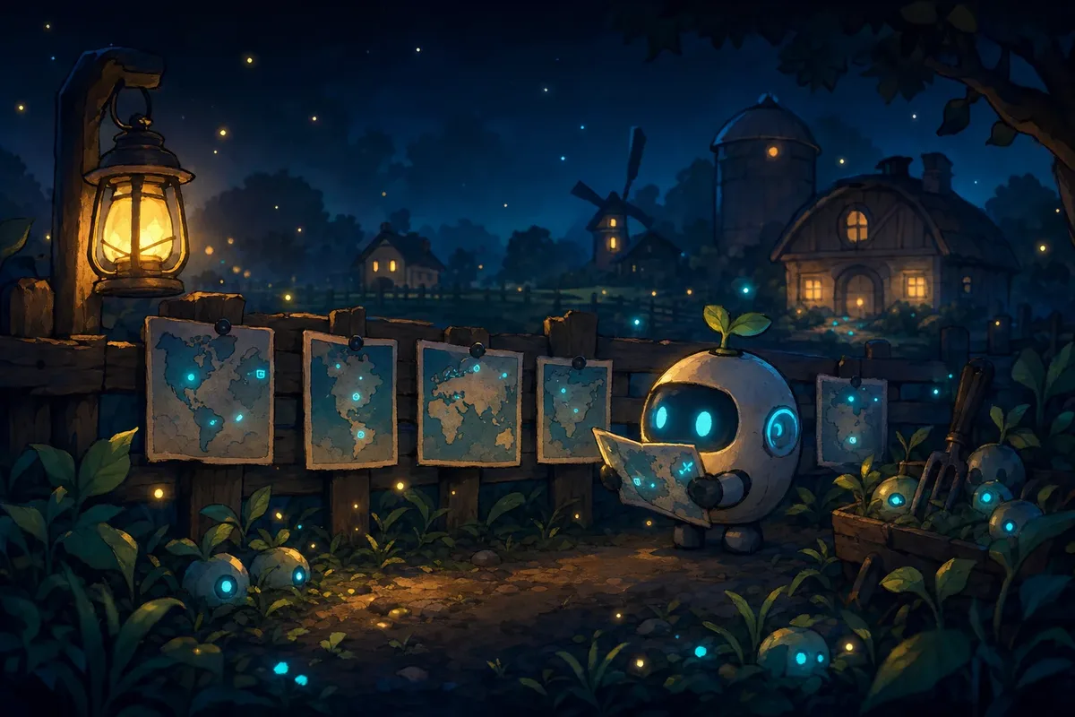 Daybreak's illustrated card art from the Tiiny App Farm: a small robot at night pinning world maps to a fence by lantern light.