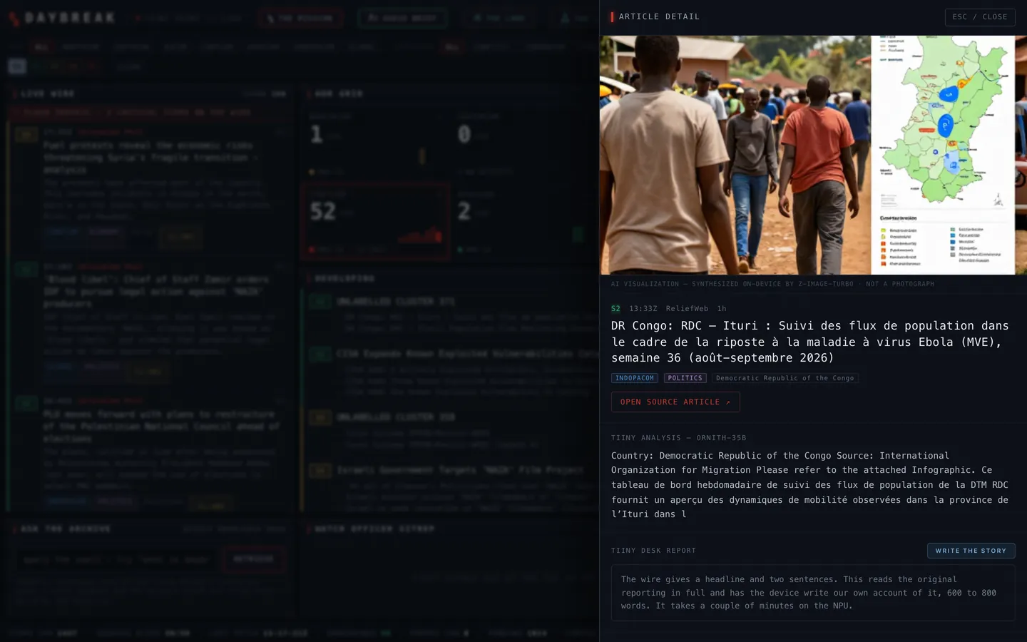 An opened article in Daybreak: a ReliefWeb report on population movement in Ituri, DR Congo, with the device's written analysis and a generated image labelled as synthesised.